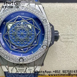 HUBLOT Big Bang Sang Bleu Titanium 415.NX WWF 1:1 Best Edition Blue Skeletonal Dial Titanium bezel with diamonds On Blue Gummy Strap Asian HB1213 - Super Clone Watch | 1:1 Best Version