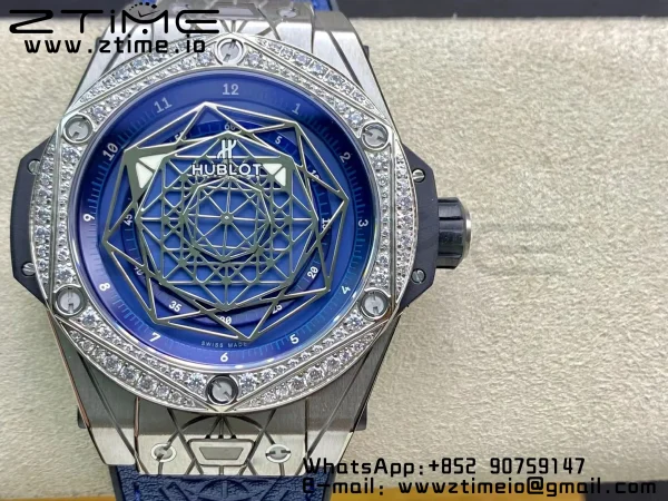 HUBLOT Big Bang Sang Bleu Titanium 415.NX WWF 1:1 Best Edition Blue Skeletonal Dial Titanium bezel with diamonds On Blue Gummy Strap Asian HB1213 - Super Clone Watch | 1:1 Best Version