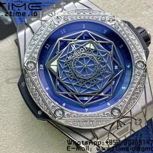 HUBLOT Big Bang Sang Bleu Titanium 415.NX WWF 1:1 Best Edition Blue Skeletonal Dial Titanium bezel with diamonds On Blue Gummy Strap Asian HB1213 - Super Clone Watch | 1:1 Best Version