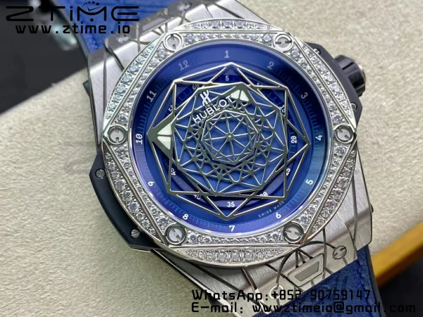 HUBLOT Big Bang Sang Bleu Titanium 415.NX WWF 1:1 Best Edition Blue Skeletonal Dial Titanium bezel with diamonds On Blue Gummy Strap Asian HB1213 - Super Clone Watch | 1:1 Best Version