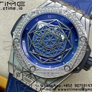 HUBLOT Big Bang Sang Bleu Titanium 415.NX WWF 1:1 Best Edition Blue Skeletonal Dial Titanium bezel with diamonds On Blue Gummy Strap Asian HB1213 - Super Clone Watch | 1:1 Best Version
