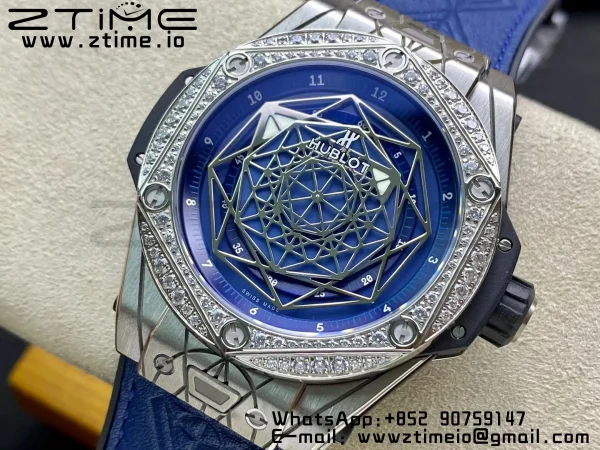 HUBLOT Big Bang Sang Bleu Titanium 415.NX WWF 1:1 Best Edition Blue Skeletonal Dial Titanium bezel with diamonds On Blue Gummy Strap Asian HB1213 - Super Clone Watch | 1:1 Best Version