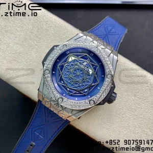 HUBLOT Big Bang Sang Bleu Titanium 415.NX WWF 1:1 Best Edition Blue Skeletonal Dial Titanium bezel with diamonds On Blue Gummy Strap Asian HB1213 - Super Clone Watch | 1:1 Best Version