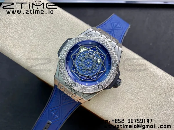 HUBLOT Big Bang Sang Bleu Titanium 415.NX WWF 1:1 Best Edition Blue Skeletonal Dial Titanium bezel with diamonds On Blue Gummy Strap Asian HB1213 - Super Clone Watch | 1:1 Best Version