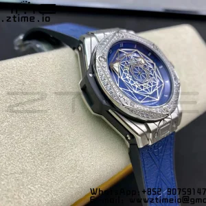 HUBLOT Big Bang Sang Bleu Titanium 415.NX WWF 1:1 Best Edition Blue Skeletonal Dial Titanium bezel with diamonds On Blue Gummy Strap Asian HB1213 - Super Clone Watch | 1:1 Best Version
