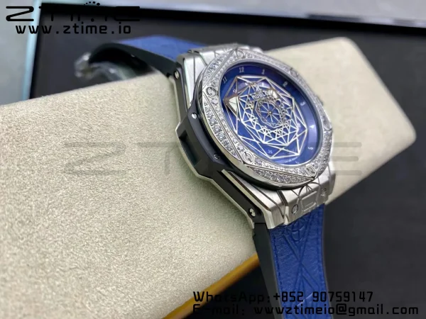 HUBLOT Big Bang Sang Bleu Titanium 415.NX WWF 1:1 Best Edition Blue Skeletonal Dial Titanium bezel with diamonds On Blue Gummy Strap Asian HB1213 - Super Clone Watch | 1:1 Best Version
