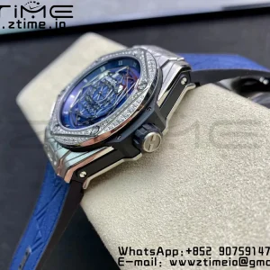 HUBLOT Big Bang Sang Bleu Titanium 415.NX WWF 1:1 Best Edition Blue Skeletonal Dial Titanium bezel with diamonds On Blue Gummy Strap Asian HB1213 - Super Clone Watch | 1:1 Best Version