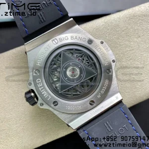 HUBLOT Big Bang Sang Bleu Titanium 415.NX WWF 1:1 Best Edition Blue Skeletonal Dial Titanium bezel with diamonds On Blue Gummy Strap Asian HB1213 - Super Clone Watch | 1:1 Best Version