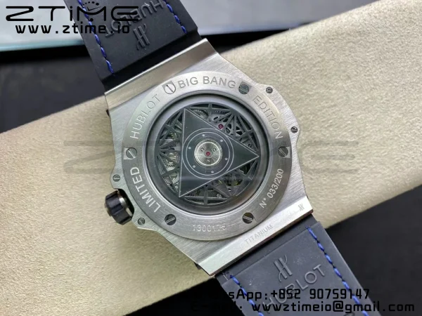 HUBLOT Big Bang Sang Bleu Titanium 415.NX WWF 1:1 Best Edition Blue Skeletonal Dial Titanium bezel with diamonds On Blue Gummy Strap Asian HB1213 - Super Clone Watch | 1:1 Best Version