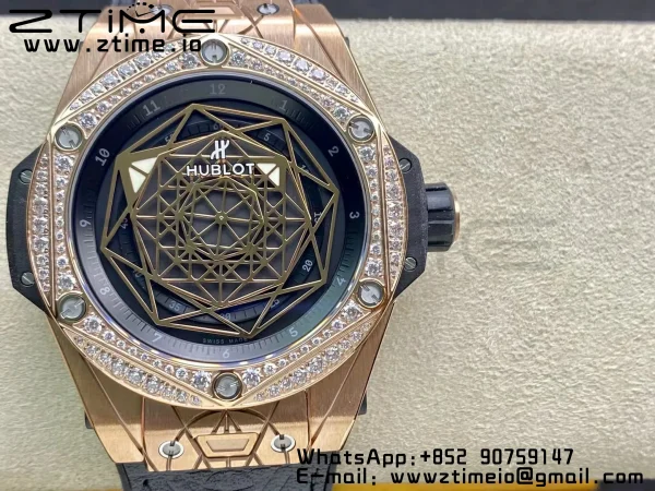 HUBLOT Big Bang Sang Bleu RG Titanium 415.NX WWF 1:1 Best Edition Black Skeletonal Dial Titanium bezel with diamond On Black Gummy Strap Asian HB1213 - スーパークローンウォッチ｜1:1ベストバージョン
