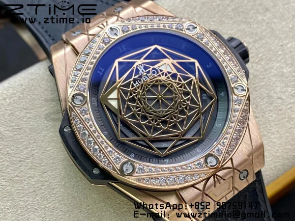 HUBLOT Big Bang Sang Bleu RG Titanium 415.NX WWF 1:1 Best Edition Black Skeletonal Dial Titanium bezel with diamond On Black Gummy Strap Asian HB1213 - スーパークローンウォッチ｜1:1ベストバージョン