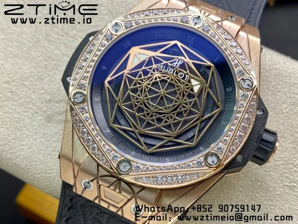 HUBLOT Big Bang Sang Bleu RG Titanium 415.NX WWF 1:1 Best Edition Black Skeletonal Dial Titanium bezel with diamond On Black Gummy Strap Asian HB1213 - スーパークローンウォッチ｜1:1ベストバージョン