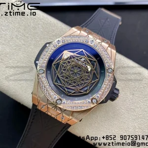 HUBLOT Big Bang Sang Bleu RG Titanium 415.NX WWF 1:1 Best Edition Black Skeletonal Dial Titanium bezel with diamond On Black Gummy Strap Asian HB1213 - スーパークローンウォッチ｜1:1ベストバージョン
