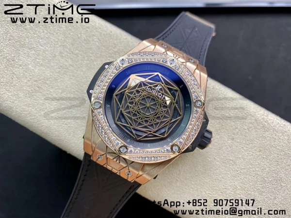 HUBLOT Big Bang Sang Bleu RG Titanium 415.NX WWF 1:1 Best Edition Black Skeletonal Dial Titanium bezel with diamond On Black Gummy Strap Asian HB1213 - スーパークローンウォッチ｜1:1ベストバージョン