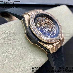 HUBLOT Big Bang Sang Bleu RG Titanium 415.NX WWF 1:1 Best Edition Black Skeletonal Dial Titanium bezel with diamond On Black Gummy Strap Asian HB1213 - スーパークローンウォッチ｜1:1ベストバージョン