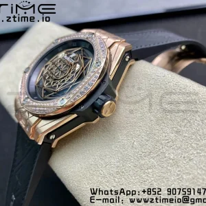 HUBLOT Big Bang Sang Bleu RG Titanium 415.NX WWF 1:1 Best Edition Black Skeletonal Dial Titanium bezel with diamond On Black Gummy Strap Asian HB1213 - スーパークローンウォッチ｜1:1ベストバージョン