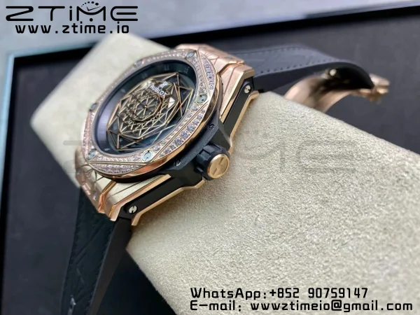 HUBLOT Big Bang Sang Bleu RG Titanium 415.NX WWF 1:1 Best Edition Black Skeletonal Dial Titanium bezel with diamond On Black Gummy Strap Asian HB1213 - スーパークローンウォッチ｜1:1ベストバージョン