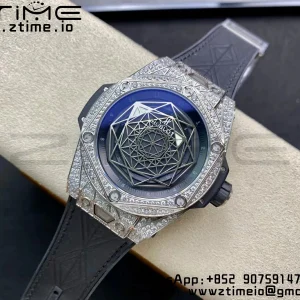 HUBLOT Big Bang Sang Bleu Titanium 415.NX.1112.VR.1704.MXM17 WWF 1:1 Best Edition Diamonds Case On Blue Gummy Strap Asian HB1213 - Super Clone Watch | 1:1 Best Version