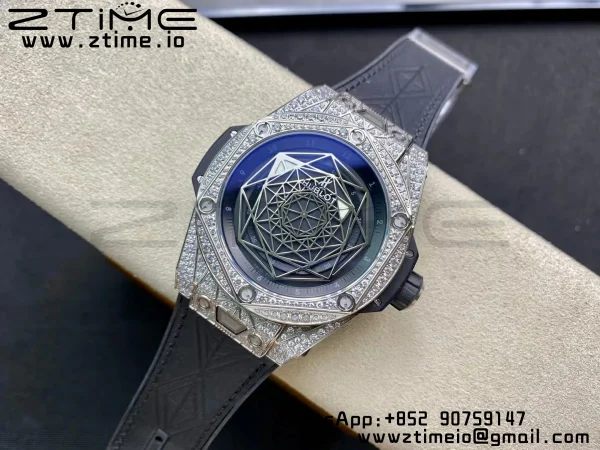 HUBLOT Big Bang Sang Bleu Titanium 415.NX.1112.VR.1704.MXM17 WWF 1:1 Best Edition Diamonds Case On Blue Gummy Strap Asian HB1213 - Super Clone Watch | 1:1 Best Version
