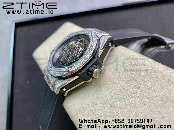 HUBLOT Big Bang Sang Bleu Titanium 415.NX.1112.VR.1704.MXM17 WWF 1:1 Best Edition Diamonds Case On Blue Gummy Strap Asian HB1213 - Super Clone Watch | 1:1 Best Version