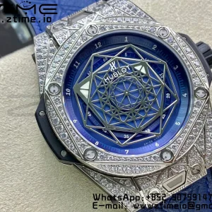 HUBLOT Big Bang Sang Bleu Titanium 415.NX.7179.VR.1704.MXM18 WWF 1:1 Best Edition Diamonds Case On Blue Gummy Strap Asian HB1213 - Super Clone Watch | 1:1 Best Version