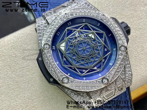HUBLOT Big Bang Sang Bleu Titanium 415.NX.7179.VR.1704.MXM18 WWF 1:1 Best Edition Diamonds Case On Blue Gummy Strap Asian HB1213 - Super Clone Watch | 1:1 Best Version