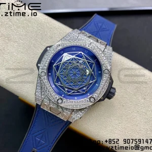 HUBLOT Big Bang Sang Bleu Titanium 415.NX.7179.VR.1704.MXM18 WWF 1:1 Best Edition Diamonds Case On Blue Gummy Strap Asian HB1213 - Super Clone Watch | 1:1 Best Version