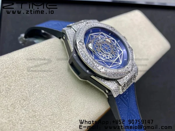 HUBLOT Big Bang Sang Bleu Titanium 415.NX.7179.VR.1704.MXM18 WWF 1:1 Best Edition Diamonds Case On Blue Gummy Strap Asian HB1213 - Super Clone Watch | 1:1 Best Version