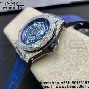 HUBLOT Big Bang Sang Bleu Titanium 415.NX.7179.VR.1704.MXM18 WWF 1:1 Best Edition Diamonds Case On Blue Gummy Strap Asian HB1213 - Super Clone Watch | 1:1 Best Version