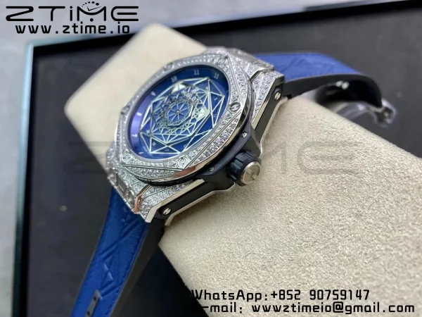 HUBLOT Big Bang Sang Bleu Titanium 415.NX.7179.VR.1704.MXM18 WWF 1:1 Best Edition Diamonds Case On Blue Gummy Strap Asian HB1213 - Super Clone Watch | 1:1 Best Version