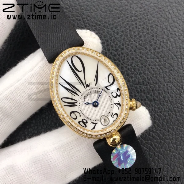 Breguet Reine de Naples 8918BA/58/864/D00D YG ZF 1:1 Best Edition White MOP Dial Diamonds Bezel on Black Fabric Strap A537 V2 - Super Clone Watch | 1:1 Best Version