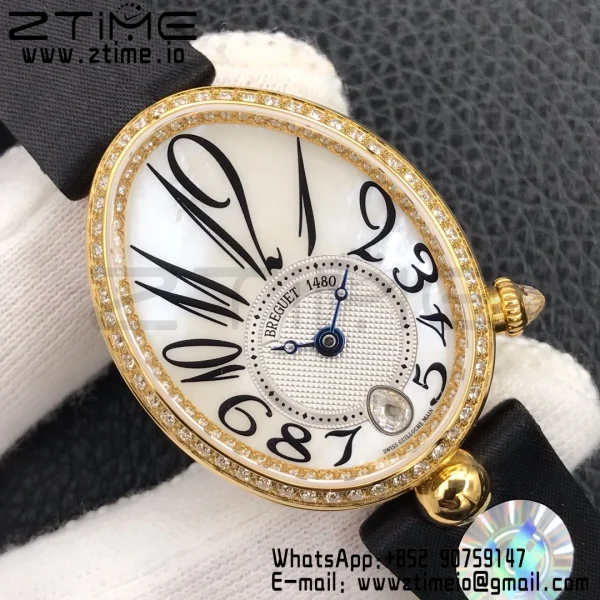 Breguet Reine de Naples 8918BA/58/864/D00D YG ZF 1:1 Best Edition White MOP Dial Diamonds Bezel on Black Fabric Strap A537 V2 - Super Clone Watch | 1:1 Best Version