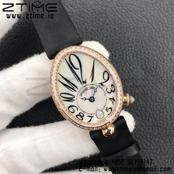 Breguet  Reine de Naples 8918BR/58/864 D00D RG ZF 1:1 Best Edition White MOP Dial Diamonds Bezel on Black Fabric Strap A537 V2 - Super Clone Watch | 1:1 Best Version