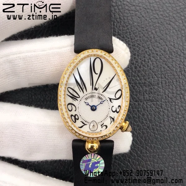Breguet Reine de Naples 8918BA/58/864/D00D YG ZF 1:1 Best Edition White MOP Dial Diamonds Bezel on Black Fabric Strap A537 V2 - Super Clone Watch | 1:1 Best Version