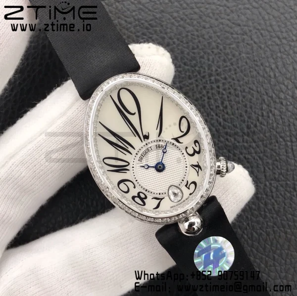 Breguet Reine de Naples 8918BB/58/864/D00D SS ZF 1:1 Best Edition White MOP Dial Diamonds Bezel on Black Fabric Strap A537 V2 - Super Clone Watch | 1:1 Best Version
