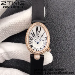 Breguet Reine de Naples 8928BB RG ZF 1:1 Best Edition White Arabic Dial Diamonds Bezel on Black Leather Strap A537 V2 - Super Clone Watch | 1:1 Best Version