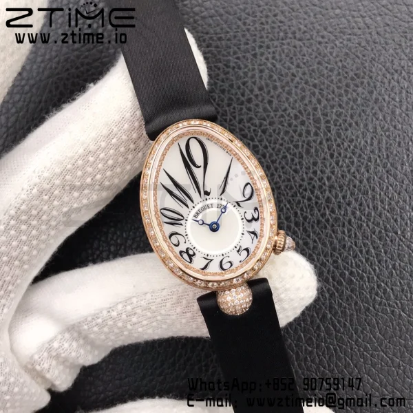 Breguet Reine de Naples 8928BB RG ZF 1:1 Best Edition White Arabic Dial Diamonds Bezel on Black Leather Strap A537 V2 - Super Clone Watch | 1:1 Best Version