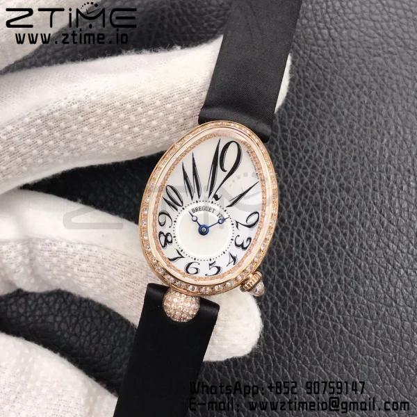 Breguet Reine de Naples 8928BB RG ZF 1:1 Best Edition White Arabic Dial Diamonds Bezel on Black Leather Strap A537 V2 - Super Clone Watch | 1:1 Best Version