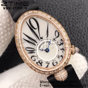 Breguet Reine de Naples 8928BB RG ZF 1:1 Best Edition White Arabic Dial Diamonds Bezel on Black Leather Strap A537 V2 - Super Clone Watch | 1:1 Best Version