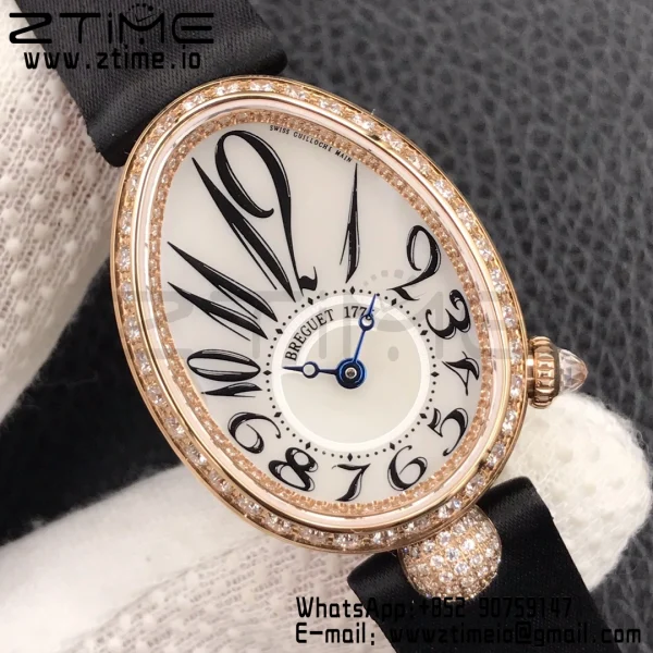 Breguet Reine de Naples 8928BB RG ZF 1:1 Best Edition White Arabic Dial Diamonds Bezel on Black Leather Strap A537 V2 - Super Clone Watch | 1:1 Best Version