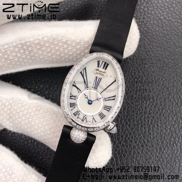 Breguet Reine de Naples 8928BB SS ZF 1:1 Best Edition White Roman Dial Diamonds Bezel on Black Leather Strap A537 V2 - Super Clone Watch | 1:1 Best Version
