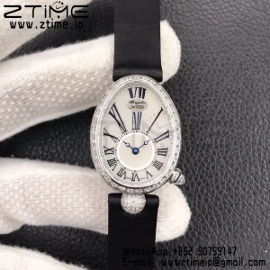 Breguet Reine de Naples 8928BB SS ZF 1:1 Best Edition White Roman Dial Diamonds Bezel on Black Leather Strap A537 V2 - Super Clone Watch | 1:1 Best Version