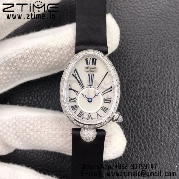 Breguet Reine de Naples 8928BB SS ZF 1:1 Best Edition White Roman Dial Diamonds Bezel on Black Leather Strap A537 V2 - Super Clone Watch | 1:1 Best Version