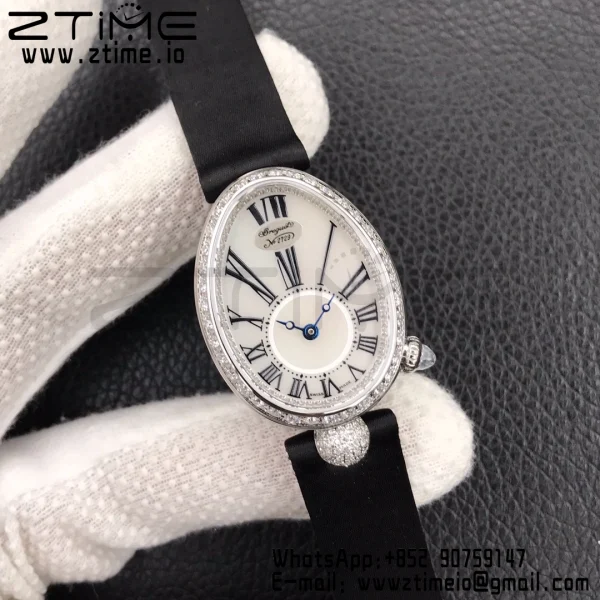 Breguet Reine de Naples 8928BB SS ZF 1:1 Best Edition White Roman Dial Diamonds Bezel on Black Leather Strap A537 V2 - Super Clone Watch | 1:1 Best Version