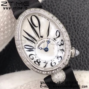 Breguet Reine de Naples 8928BB SS ZF 1:1 Best Edition White Arabic Dial Diamonds Bezel on Black Leather Strap A537 V2 - Super Clone Watch | 1:1 Best Version