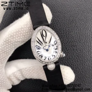 Breguet Reine de Naples 8928BB SS ZF 1:1 Best Edition White Arabic Dial Diamonds Bezel on Black Leather Strap A537 V2 - Super Clone Watch | 1:1 Best Version
