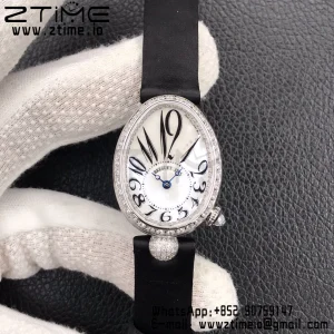 Breguet Reine de Naples 8928BB SS ZF 1:1 Best Edition White Arabic Dial Diamonds Bezel on Black Leather Strap A537 V2 - Super Clone Watch | 1:1 Best Version