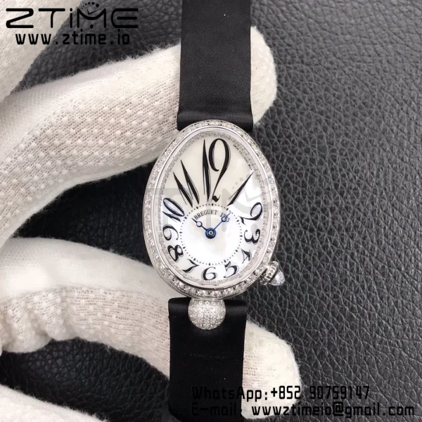Breguet Reine de Naples 8928BB SS ZF 1:1 Best Edition White Arabic Dial Diamonds Bezel on Black Leather Strap A537 V2 - Super Clone Watch | 1:1 Best Version