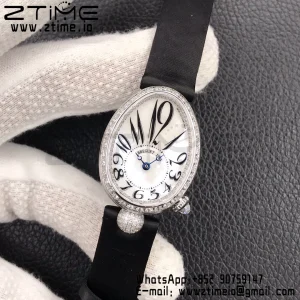 Breguet Reine de Naples 8928BB SS ZF 1:1 Best Edition White Arabic Dial Diamonds Bezel on Black Leather Strap A537 V2 - Super Clone Watch | 1:1 Best Version