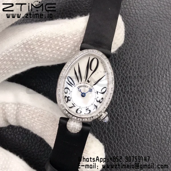 Breguet Reine de Naples 8928BB SS ZF 1:1 Best Edition White Arabic Dial Diamonds Bezel on Black Leather Strap A537 V2 - Super Clone Watch | 1:1 Best Version